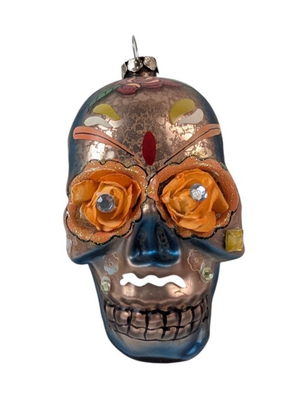 Day of the Dead Skull Ornament Hand Blown Glass Rhinestone Eyes Hand Painted